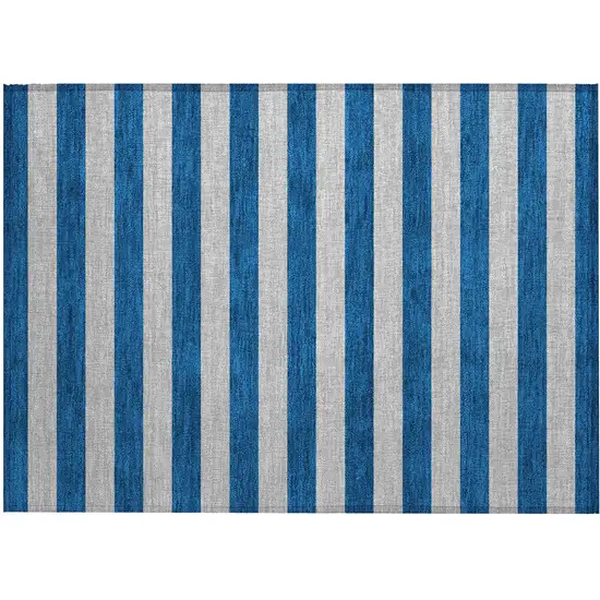 Blue and Ivory Striped Washable Non Skid Indoor Outdoor Area Rug Photo 2