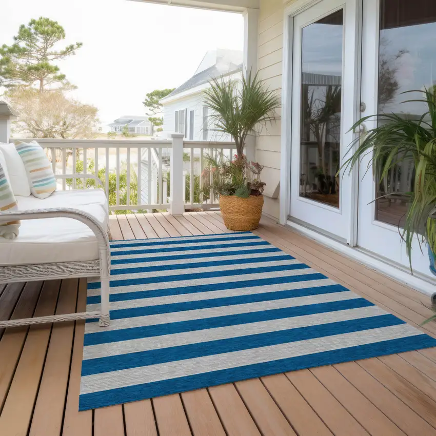 Blue and Ivory Striped Washable Indoor Outdoor Area Rug Photo 7
