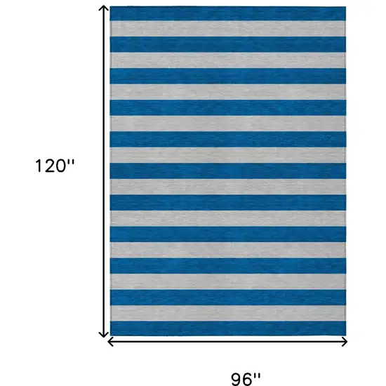 Blue and Ivory Striped Washable Indoor Outdoor Area Rug Photo 3