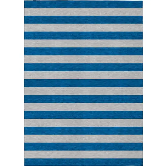 Blue and Ivory Striped Washable Indoor Outdoor Area Rug Photo 1
