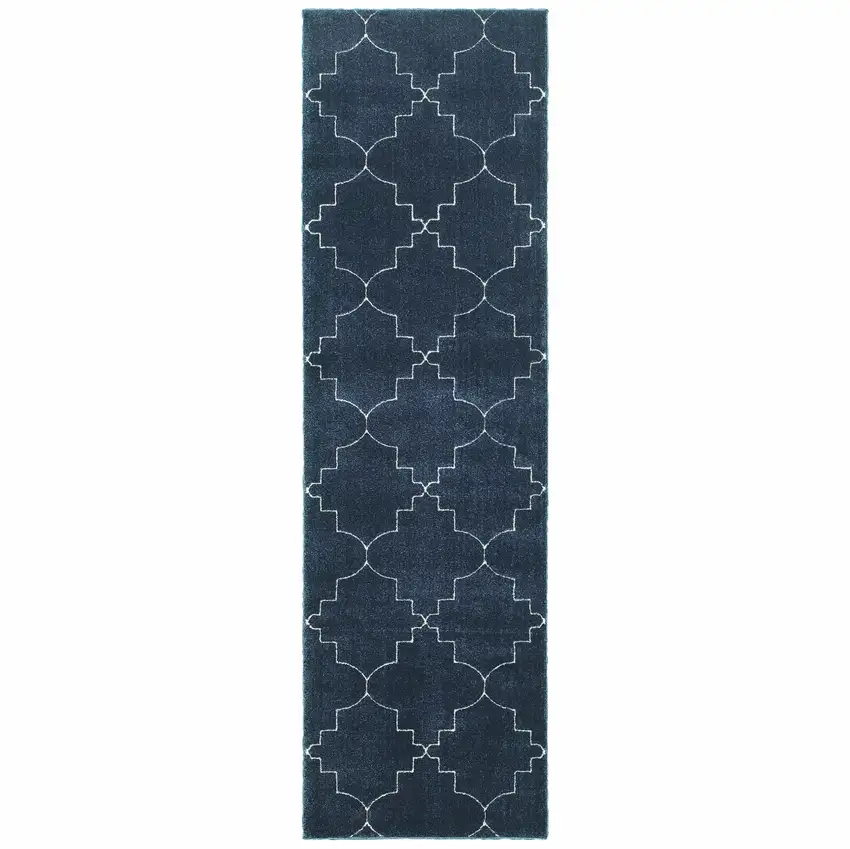 Blue and Ivory Trellis Indoor Runner Rug Photo 1