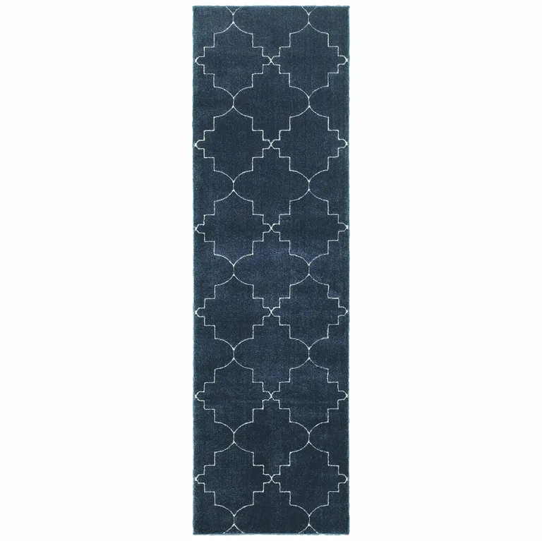 Blue and Ivory Trellis Indoor Runner Rug Photo 1