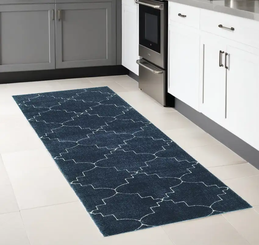 2' X 8' Blue And Ivory Trellis Indoor Runner Rug Photo 1