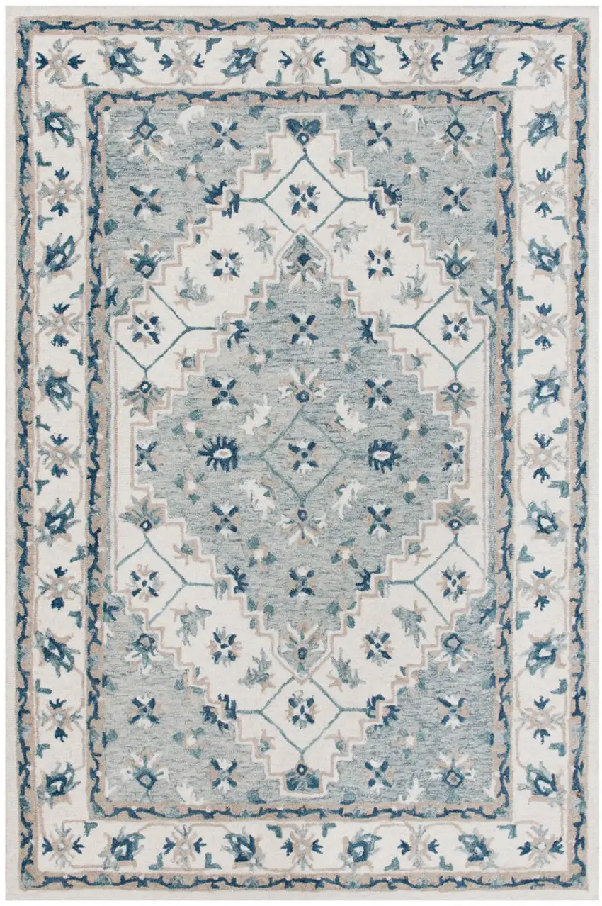 Blue and Ivory Wool Floral Hand Tufted Area Rug Photo 2