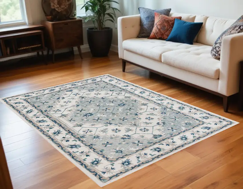 Blue and Ivory Wool Floral Hand Tufted Area Rug Photo 1