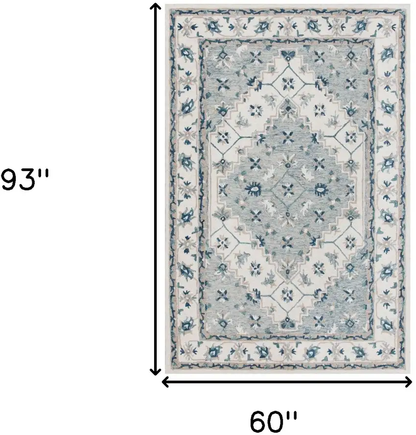 Blue and Ivory Wool Floral Hand Tufted Area Rug Photo 3