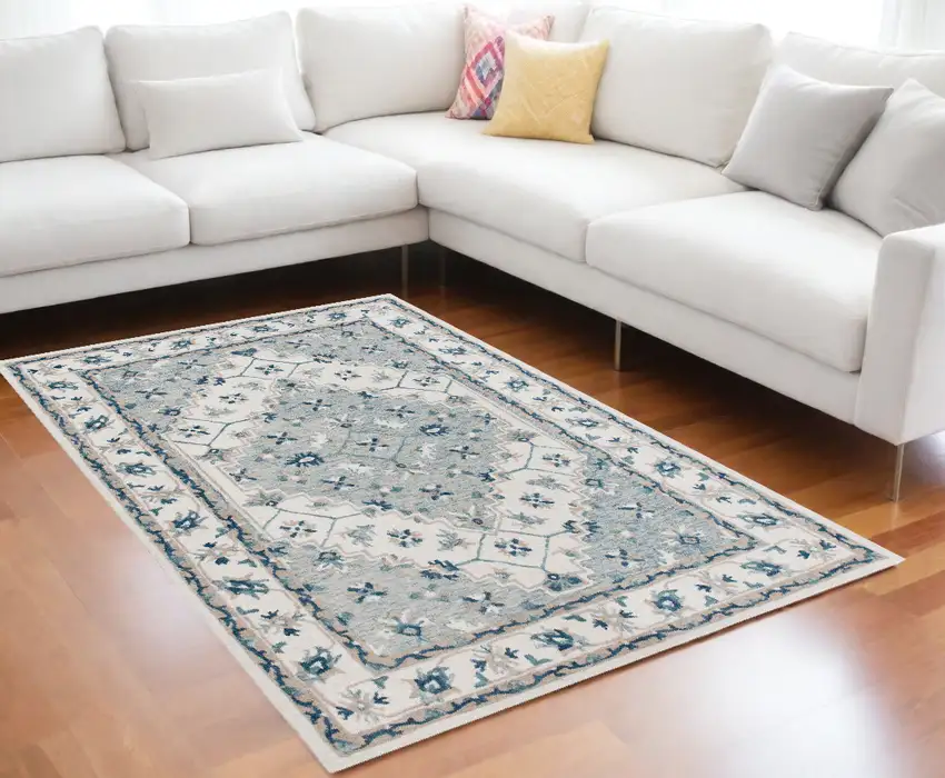 Blue and Ivory Wool Floral Hand Tufted Area Rug Photo 1
