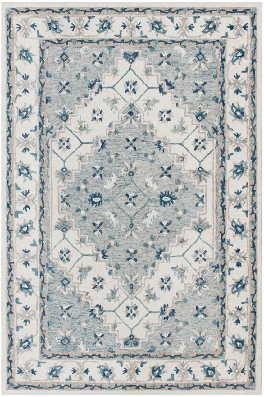 Blue and Ivory Wool Floral Hand Tufted Area Rug Photo 7