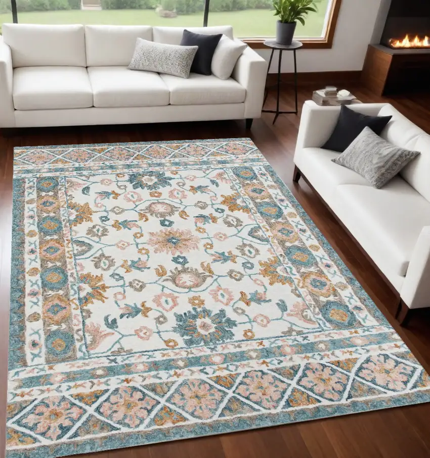 Blue and Ivory Wool Floral Hand Tufted Area Rug Photo 1