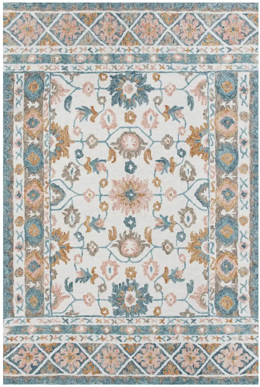 Blue and Ivory Wool Floral Hand Tufted Area Rug Photo 2
