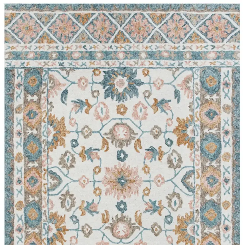 Blue and Ivory Wool Floral Hand Tufted Area Rug Photo 7
