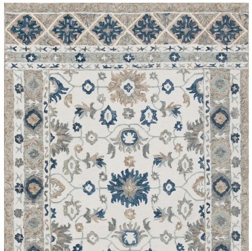 Blue and Ivory Wool Floral Hand Tufted Area Rug Photo 7