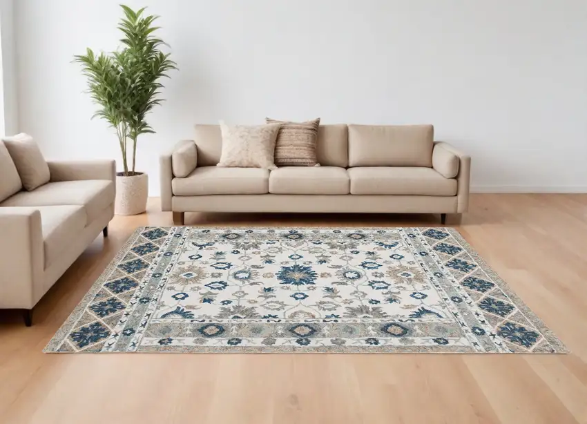 Blue and Ivory Wool Floral Hand Tufted Area Rug Photo 1