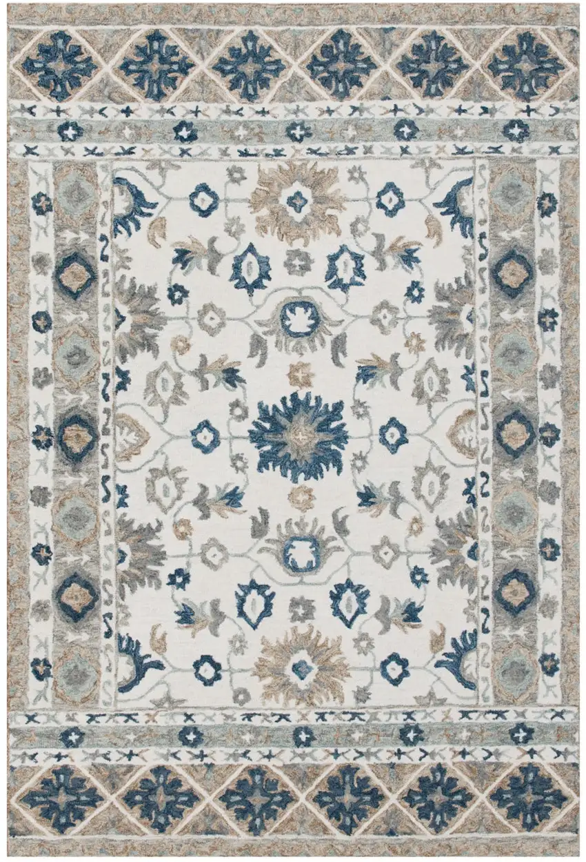 Blue and Ivory Wool Floral Hand Tufted Area Rug Photo 2