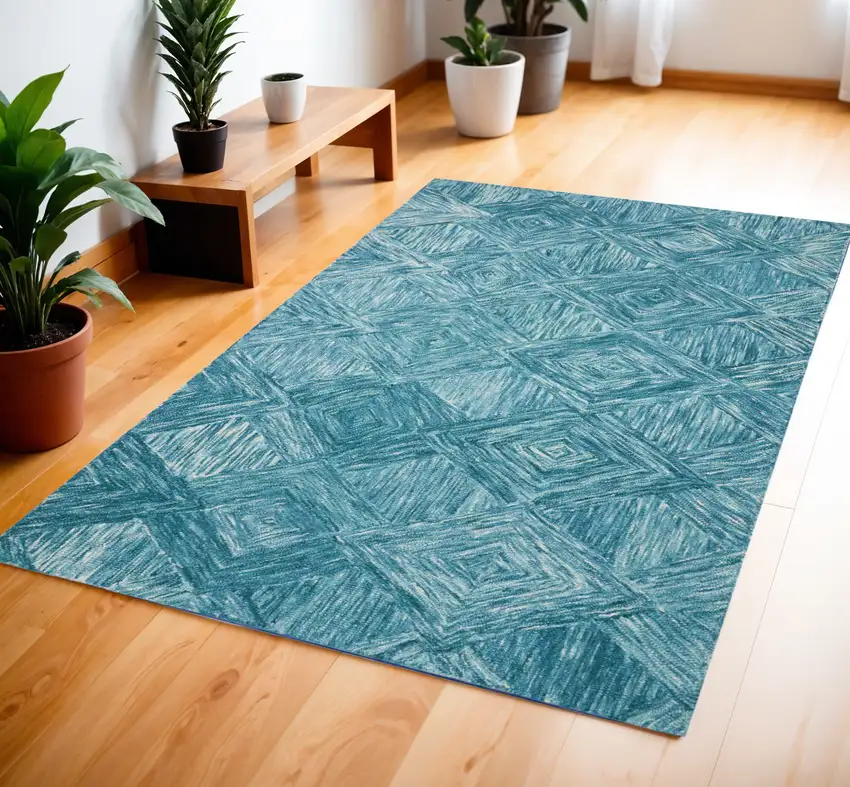 Blue and Ivory Wool Geometric Area Rug Photo 1
