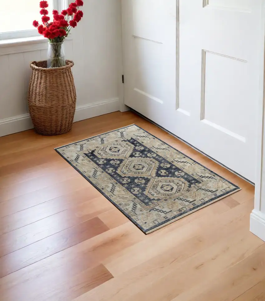Blue and Ivory Wool Geometric Hand Knotted Area Rug With Fringe Photo 1