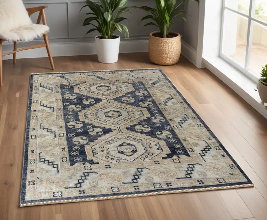 Blue and Ivory Wool Geometric Hand Knotted Area Rug With Fringe Photo 1