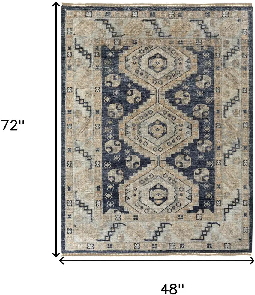 Blue and Ivory Wool Geometric Hand Knotted Area Rug With Fringe Photo 3