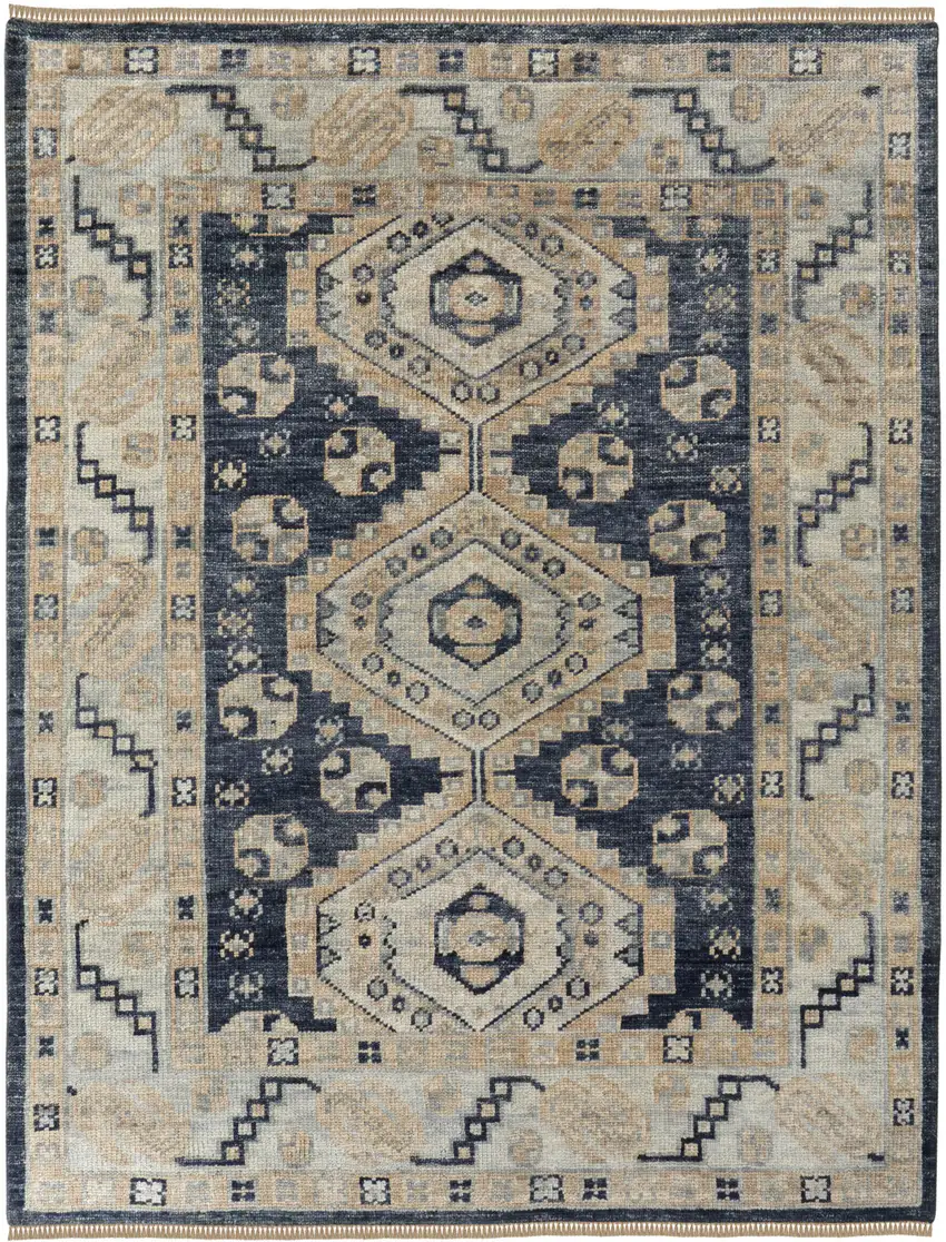 Blue and Ivory Wool Geometric Hand Knotted Area Rug With Fringe Photo 4