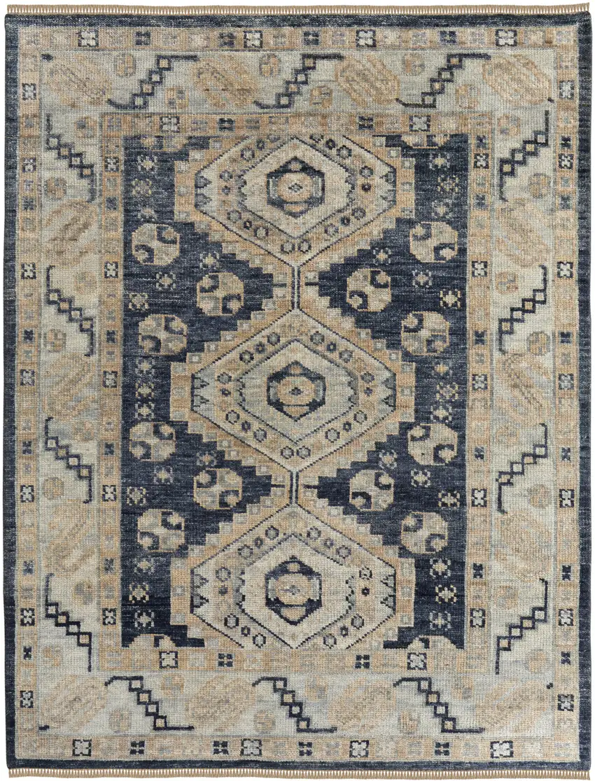 Blue and Ivory Wool Geometric Hand Knotted Area Rug With Fringe Photo 6