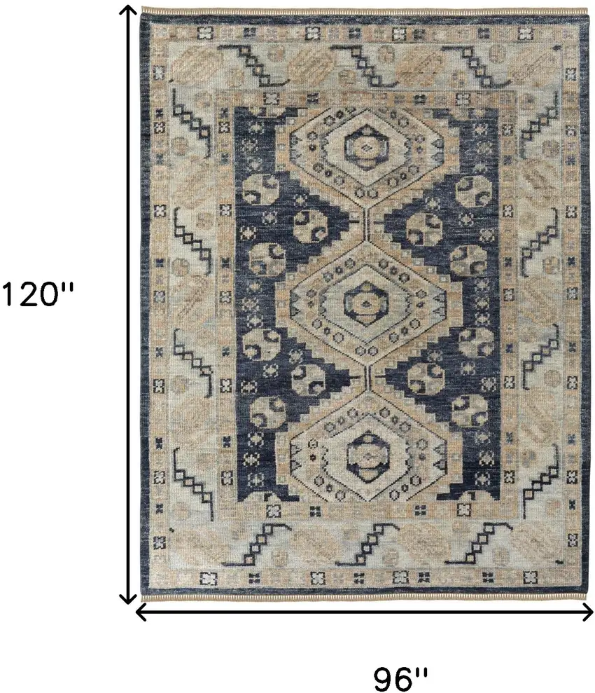 Blue and Ivory Wool Geometric Hand Knotted Area Rug With Fringe Photo 3