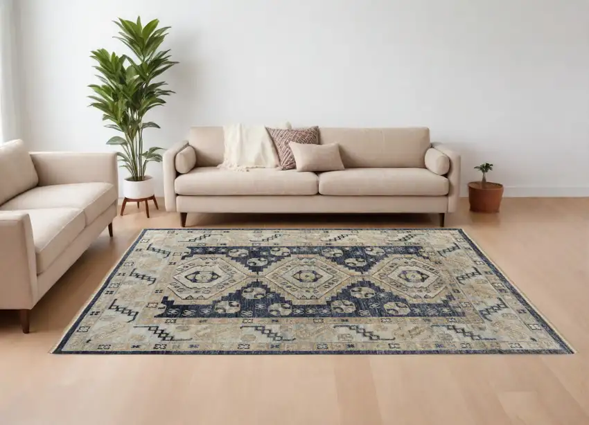 Blue and Ivory Wool Geometric Hand Knotted Area Rug With Fringe Photo 1