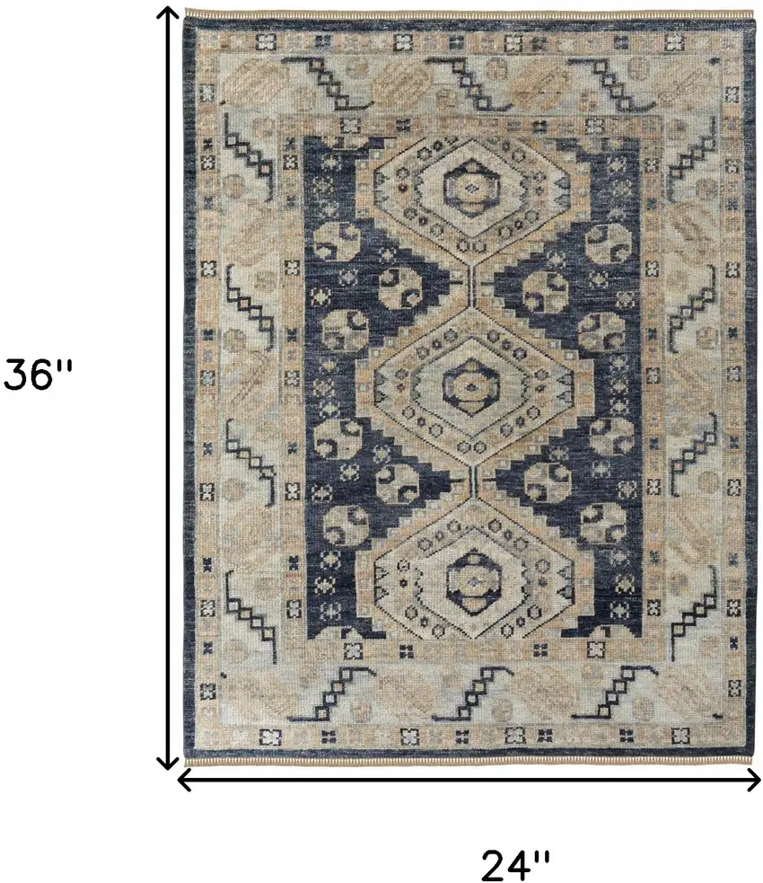 Blue and Ivory Wool Geometric Hand Knotted Area Rug With Fringe Photo 3