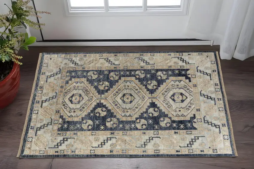 Blue and Ivory Wool Geometric Hand Knotted Area Rug With Fringe Photo 1
