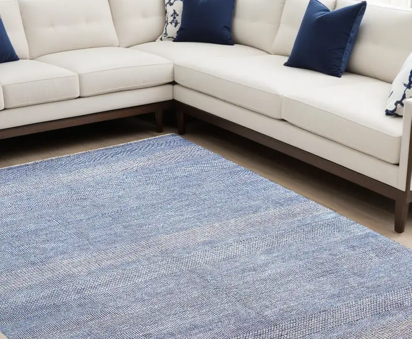 Blue and Ivory Wool Striped Shag Hand Knotted Area Rug Photo 1