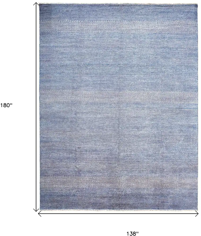 Blue and Ivory Wool Striped Shag Hand Knotted Area Rug Photo 3
