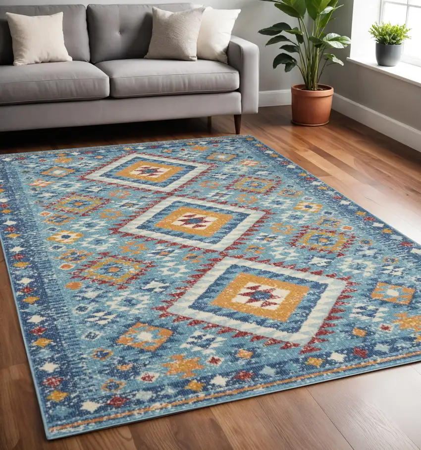 Blue And Orange Geometric Area Rug Photo 2