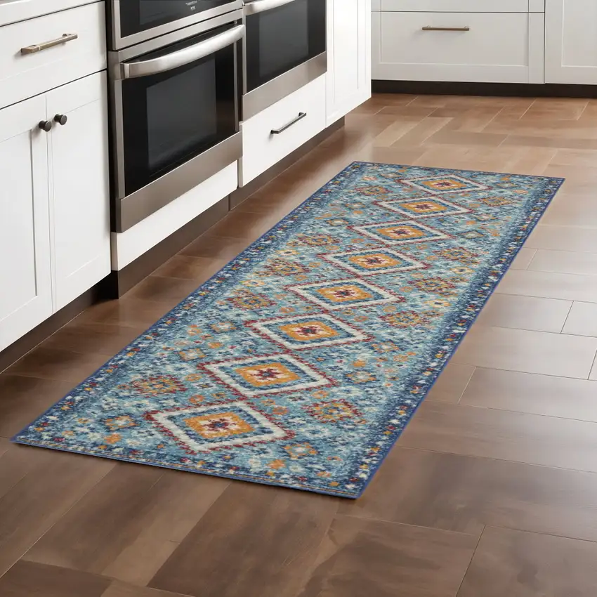 8' Blue And Orange Geometric Runner Rug Photo 2