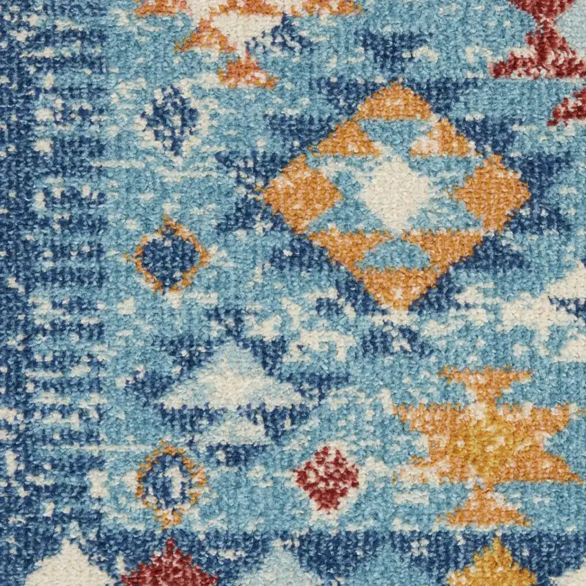 8' Blue And Orange Geometric Runner Rug Photo 9