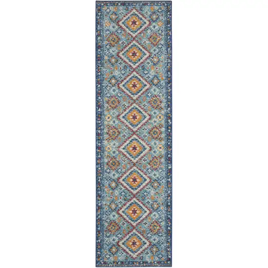 8' Blue And Orange Geometric Runner Rug Photo 8
