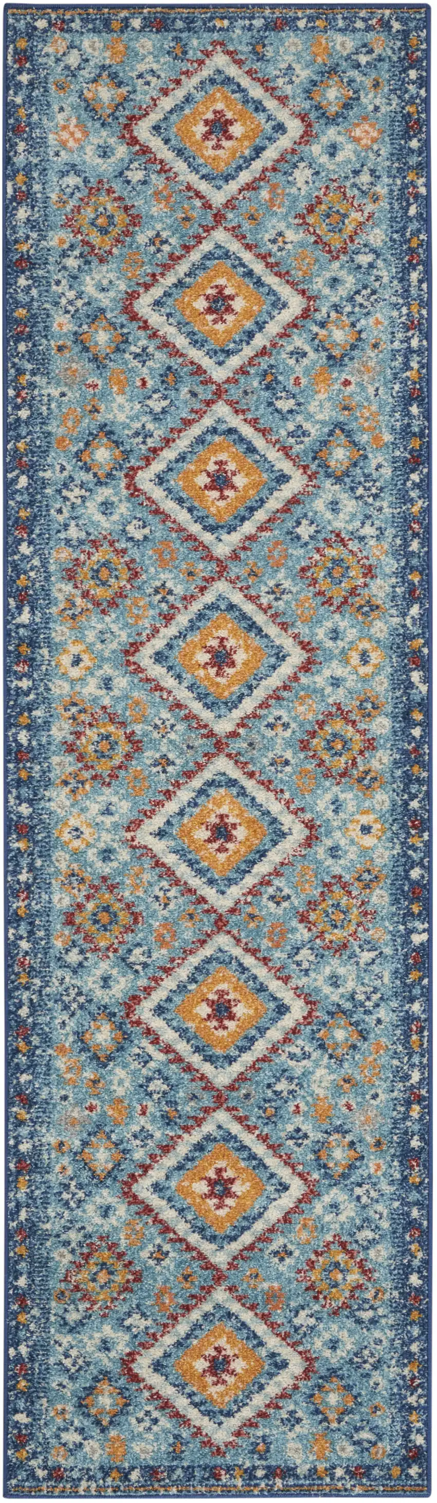 8' Blue And Orange Geometric Runner Rug Photo 8