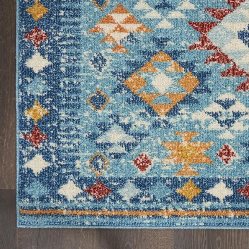 8' Blue And Orange Geometric Runner Rug Photo 8