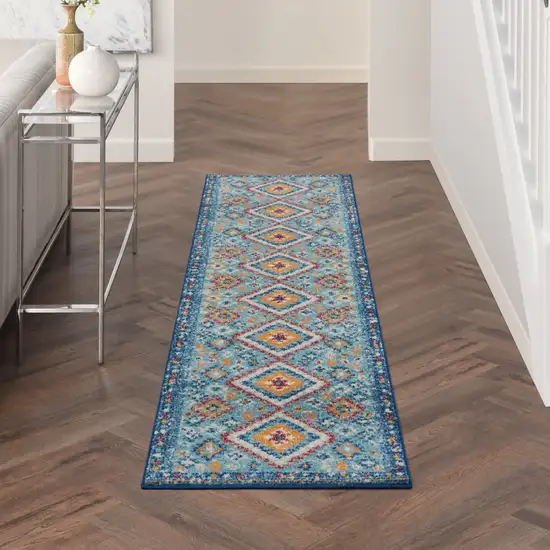 8' Blue And Orange Geometric Runner Rug Photo 3