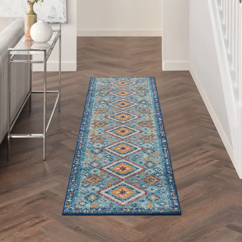 8' Blue And Orange Geometric Runner Rug Photo 3