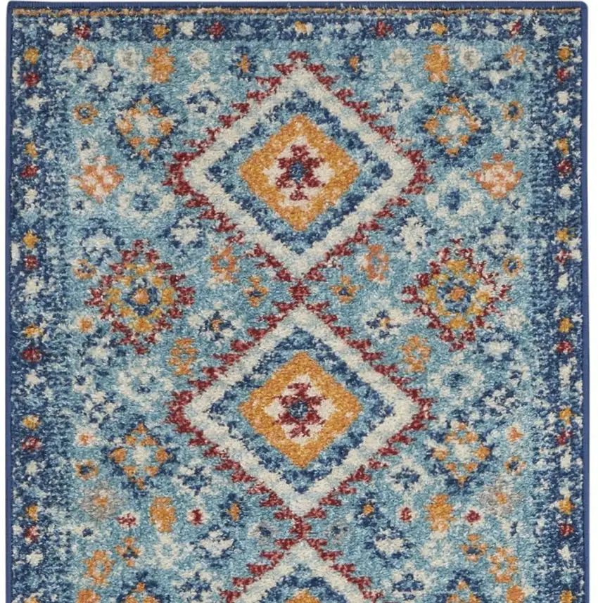 8' Blue And Orange Geometric Runner Rug Photo 5