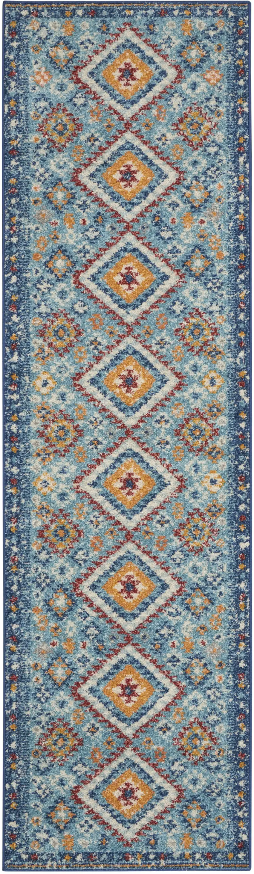 8' Blue And Orange Geometric Runner Rug Photo 1
