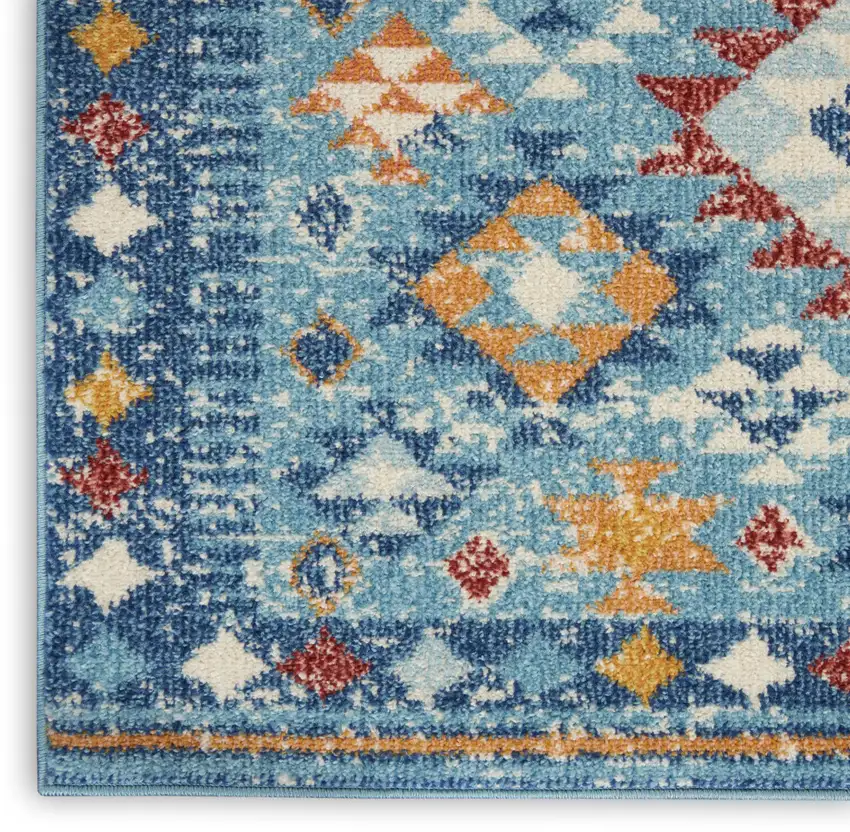 8' Blue And Orange Geometric Runner Rug Photo 7