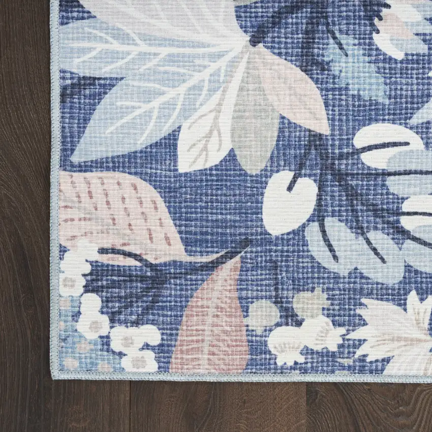 Blue and Off White Floral Power Loom Washable Non Skid Area Rug Photo 3