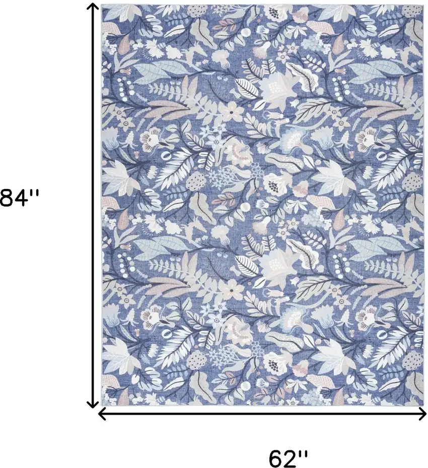 Blue and Off White Floral Power Loom Washable Non Skid Area Rug Photo 9