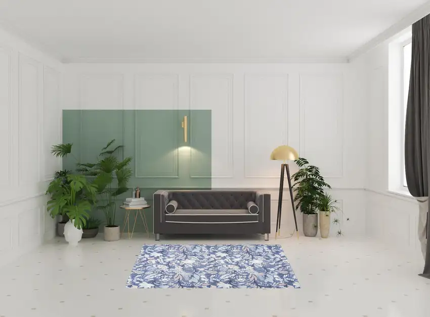 Blue and Off White Floral Power Loom Washable Non Skid Area Rug Photo 2