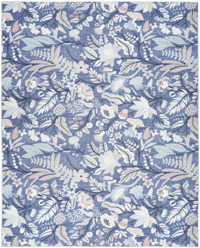 Blue and Off White Floral Power Loom Washable Non Skid Area Rug Photo 1