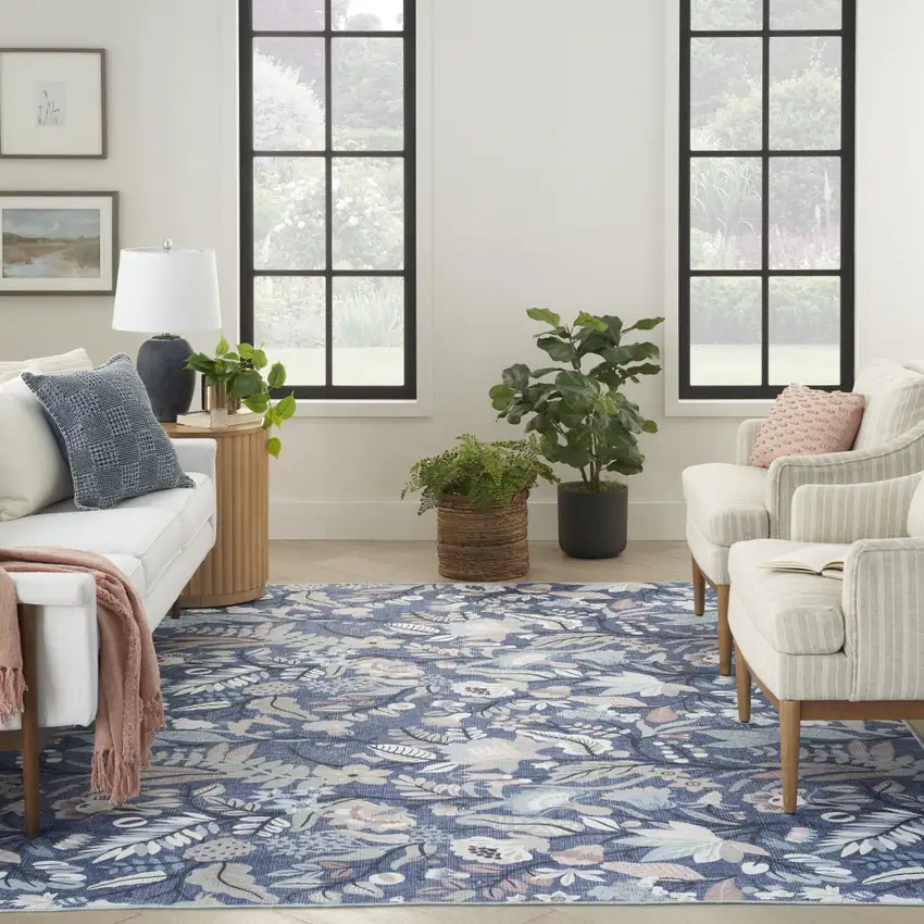 Blue and Off White Floral Power Loom Washable Non Skid Area Rug Photo 8