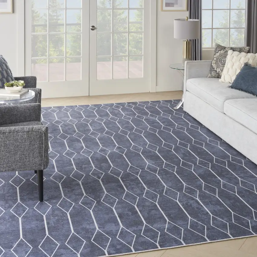 Blue and Off White Geometric Power Loom Washable Area Rug Photo 8