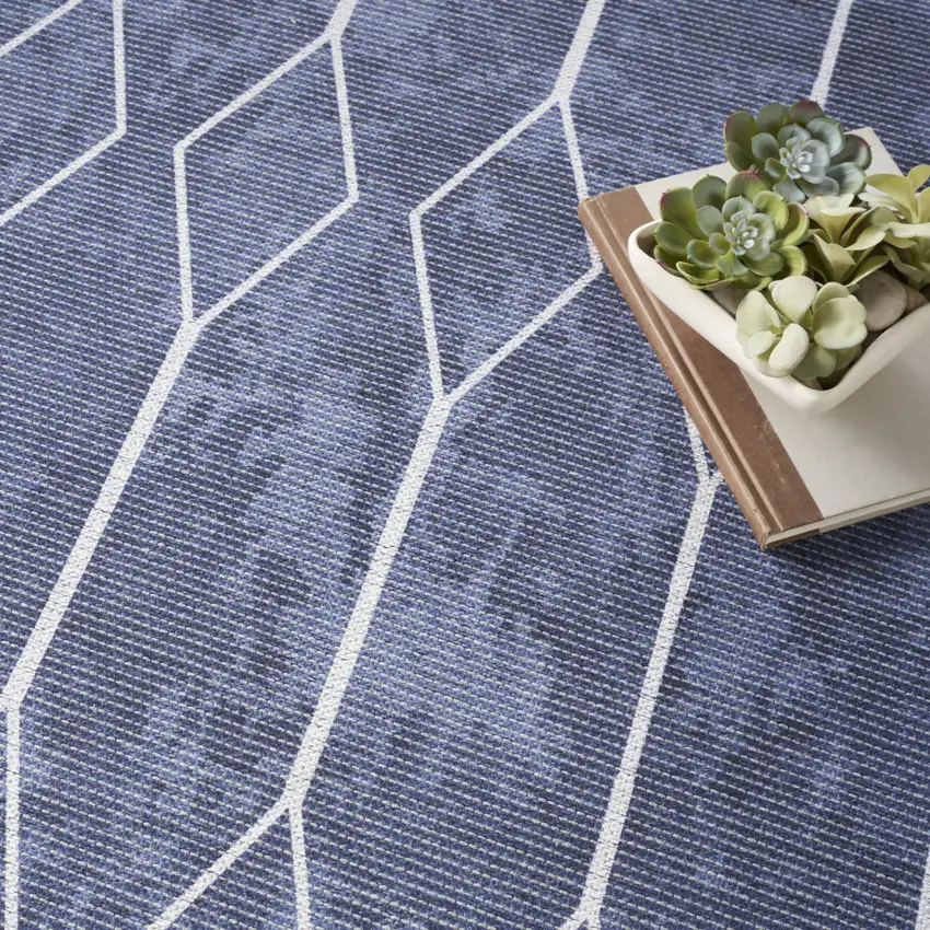 Blue and Off White Geometric Power Loom Washable Area Rug Photo 6