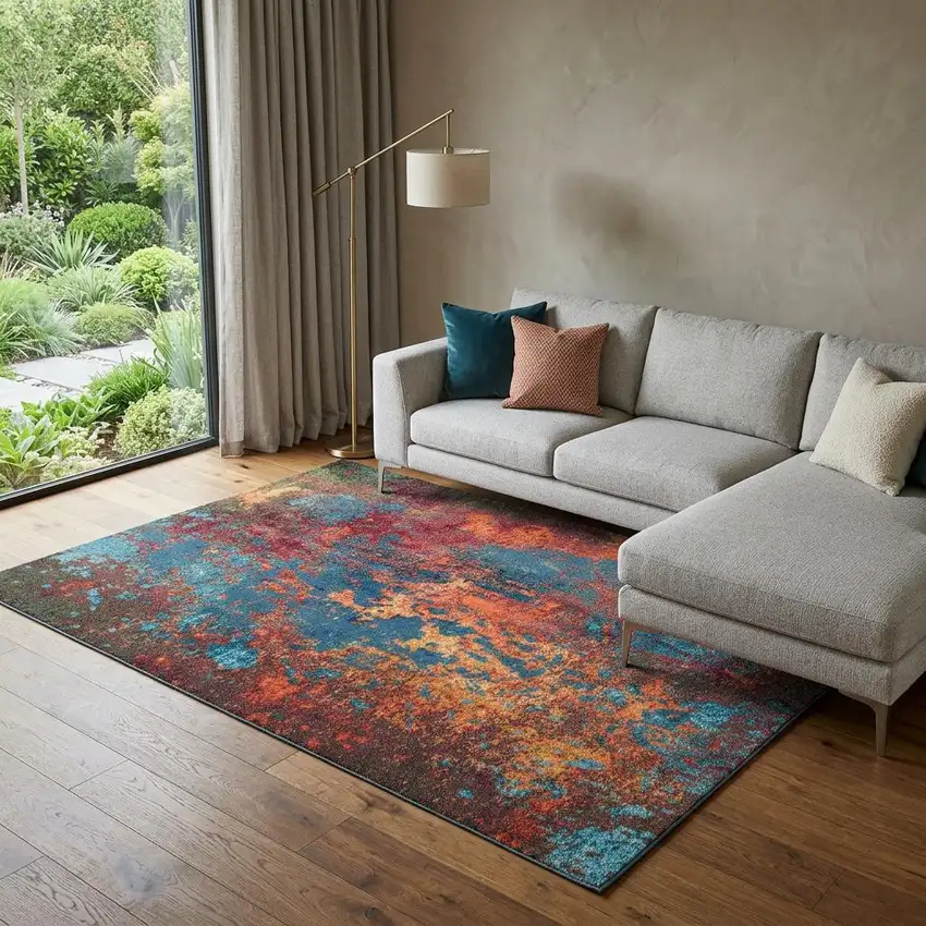 Blue and Orange Abstract Power Loom Area Rug Photo 1