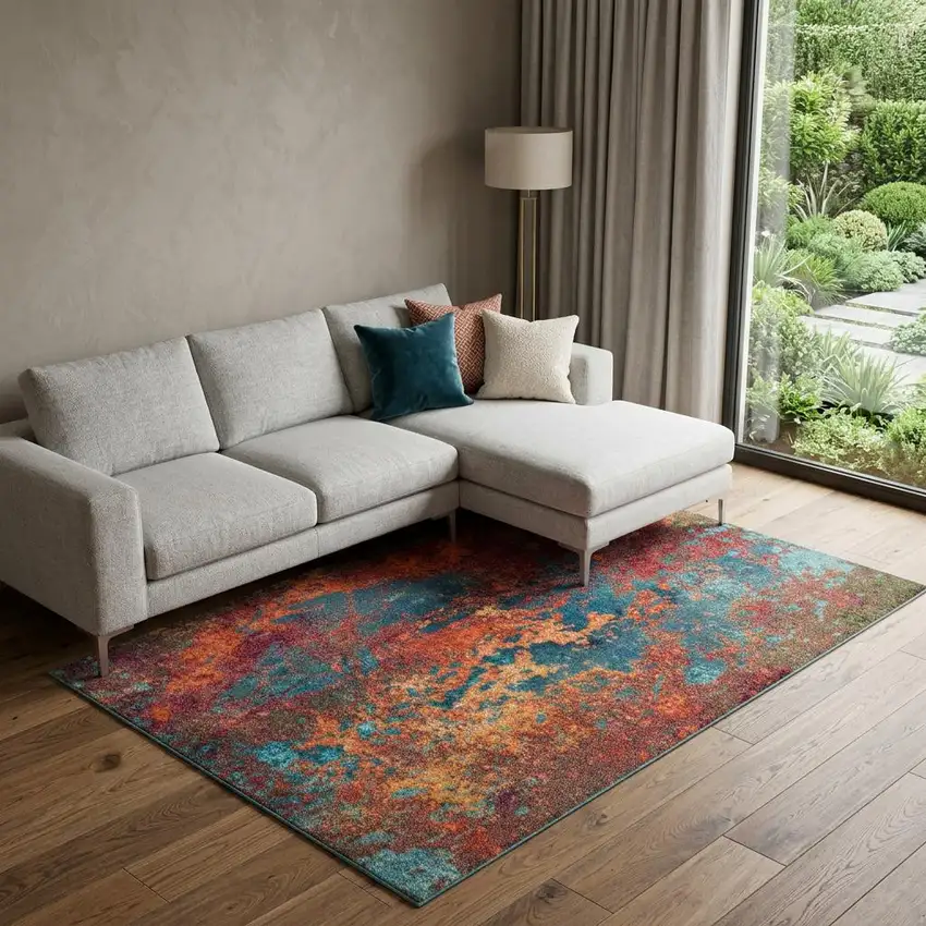 Blue and Orange Abstract Power Loom Area Rug Photo 1